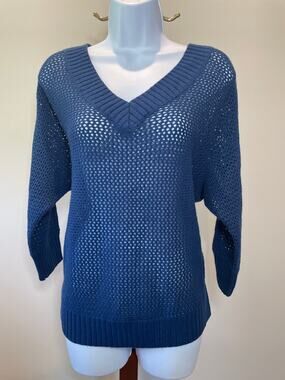 Express Sheer Knit Long‑Sleeve Top – Size L – Blue – V‑Neck